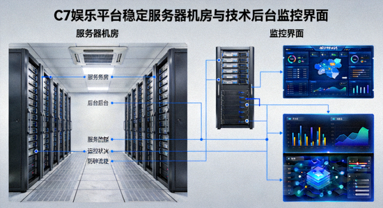 C7娱乐平台稳定服务器机房与技术后台监控界面示意图