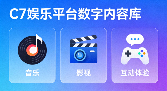 C7娱乐平台数字内容库展示，包含各类音乐、影视及互动体验图标